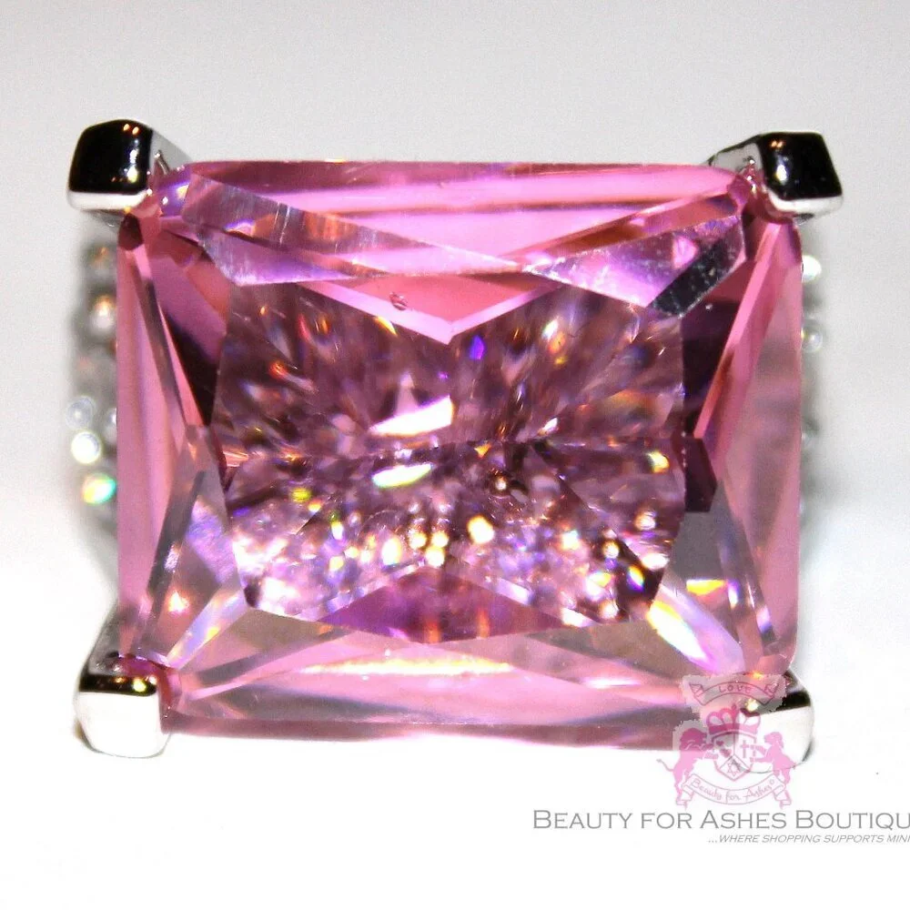 Rectangle Pink Tourmaline Ice Cz Chunky Cubic Zirconia Glam Cocktail Ring Size 7